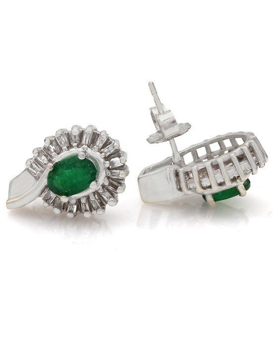 Emerald and Diamond Halo Earrings in White Gold